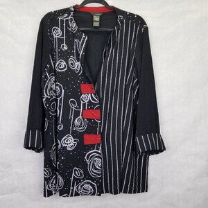 Ali Miles Woven Jacquard Button Front Jacket Women's 1X Black Red Artsy Blouse
